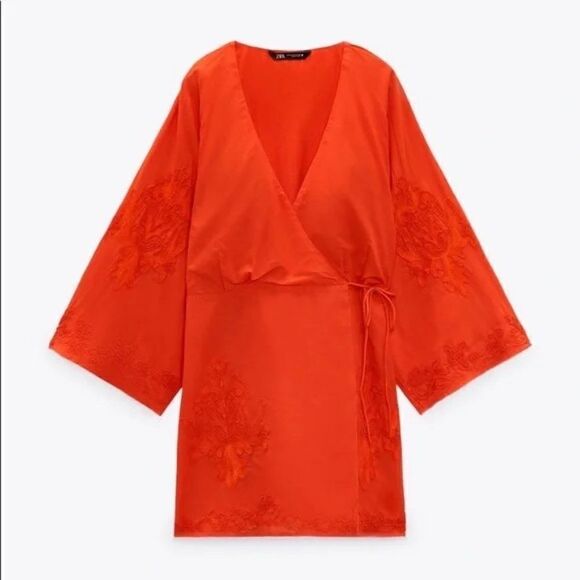 Zara Wrap Kimono Embroidered Dress Short Red New - Picture 7 of 9